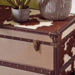 Industrial Metal And Genuine Cow Hide Leather Trunk Style Chest Of Drawers Cabinet Sideboard