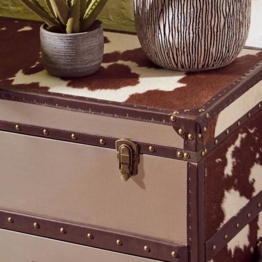 Industrial Metal And Genuine Cow Hide Leather Trunk Style Chest Of Drawers Cabinet Sideboard