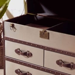 Industrial Metal And Genuine Cow Hide Leather Trunk Style Chest Of Drawers Cabinet Sideboard