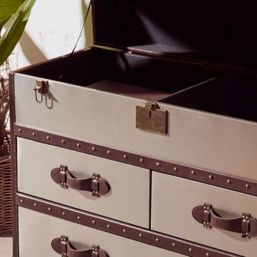 Industrial Metal And Genuine Cow Hide Leather Trunk Style Chest Of Drawers Cabinet Sideboard