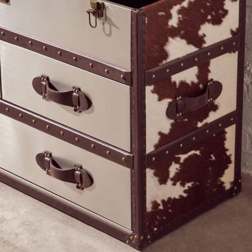 Industrial Metal And Genuine Cow Hide Leather Trunk Style Chest Of Drawers Cabinet Sideboard