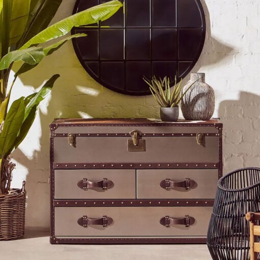 Industrial Metal And Genuine Cow Hide Leather Trunk Style Chest Of Drawers Cabinet Sideboard