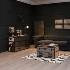 Industrial Metal And Genuine Cow Hide Leather Trunk Style Chest Of Drawers Cabinet Sideboard