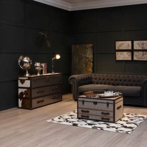 Industrial Metal And Genuine Cow Hide Leather Trunk Style Chest Of Drawers Cabinet Sideboard