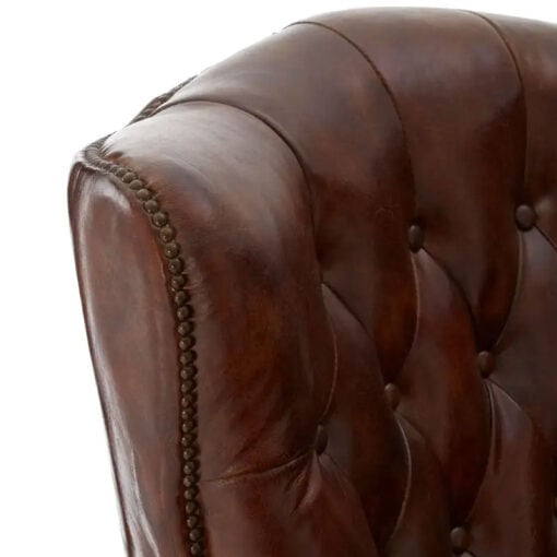 Industrial Mocha Brown Genuine Leather Studded Winged Heritage Chesterfield Armchair With Walnut Wood Legs And Wheels