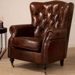 Industrial Mocha Brown Genuine Leather Studded Winged Heritage Chesterfield Armchair With Walnut Wood Legs And Wheels