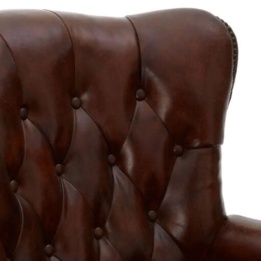 Industrial Mocha Brown Genuine Leather Studded Winged Heritage Chesterfield Armchair With Walnut Wood Legs And Wheels