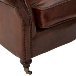 Industrial Mocha Brown Genuine Leather Studded Winged Heritage Chesterfield Armchair With Walnut Wood Legs And Wheels