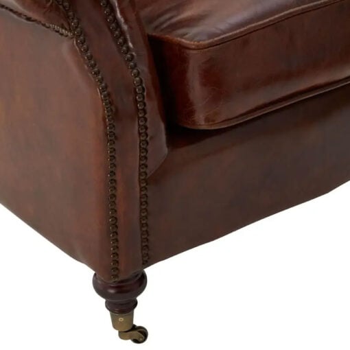 Industrial Mocha Brown Genuine Leather Studded Winged Heritage Chesterfield Armchair With Walnut Wood Legs And Wheels