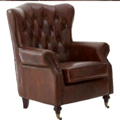 Industrial Mocha Brown Genuine Leather Studded Winged Heritage Chesterfield Armchair With Walnut Wood Legs And Wheels