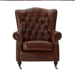 Industrial Mocha Brown Genuine Leather Studded Winged Heritage Chesterfield Armchair With Walnut Wood Legs And Wheels