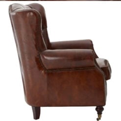 Industrial Mocha Brown Genuine Leather Studded Winged Heritage Chesterfield Armchair With Walnut Wood Legs And Wheels