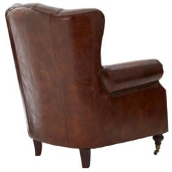 Industrial Mocha Brown Genuine Leather Studded Winged Heritage Chesterfield Armchair With Walnut Wood Legs And Wheels