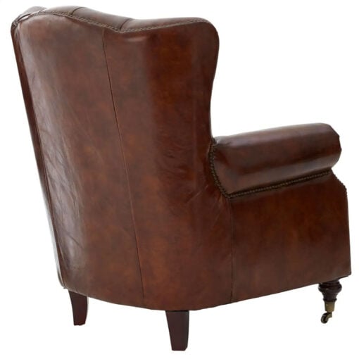 Industrial Mocha Brown Genuine Leather Studded Winged Heritage Chesterfield Armchair With Walnut Wood Legs And Wheels