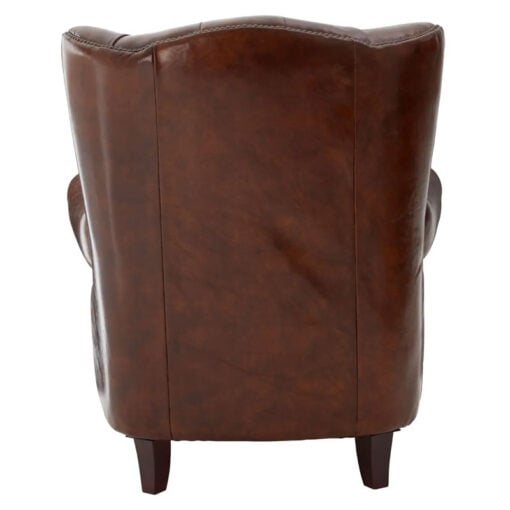 Industrial Mocha Brown Genuine Leather Studded Winged Heritage Chesterfield Armchair With Walnut Wood Legs And Wheels