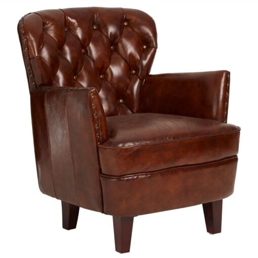 Industrial Mocha Brown Genuine Leather Tufted Studded Chesterfield Armchair With Walnut Wood Legs