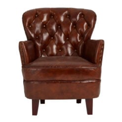 Industrial Mocha Brown Genuine Leather Tufted Studded Chesterfield Armchair With Walnut Wood Legs