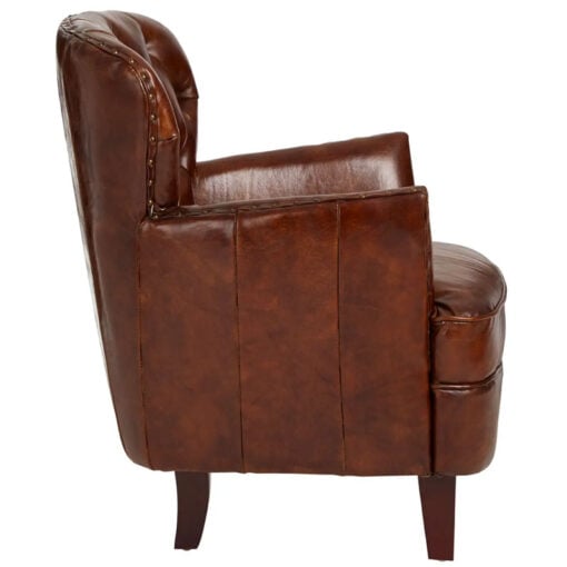 Industrial Mocha Brown Genuine Leather Tufted Studded Chesterfield Armchair With Walnut Wood Legs