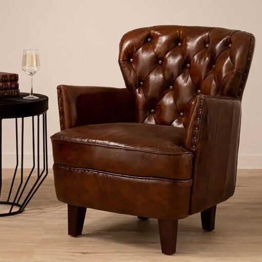 Industrial Mocha Brown Genuine Leather Tufted Studded Chesterfield Armchair With Walnut Wood Legs