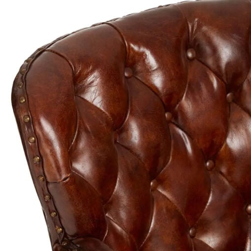 Industrial Mocha Brown Genuine Leather Tufted Studded Chesterfield Armchair With Walnut Wood Legs