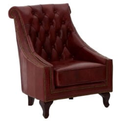 Industrial Red Genuine Leather Tufted Studded Chesterfield Heritage Armchair With Cabriole Walnut Wood Legs