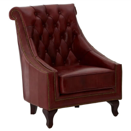 Industrial Red Genuine Leather Tufted Studded Chesterfield Heritage Armchair With Cabriole Walnut Wood Legs