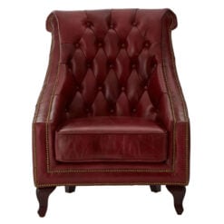 Industrial Red Genuine Leather Tufted Studded Chesterfield Heritage Armchair With Cabriole Walnut Wood Legs