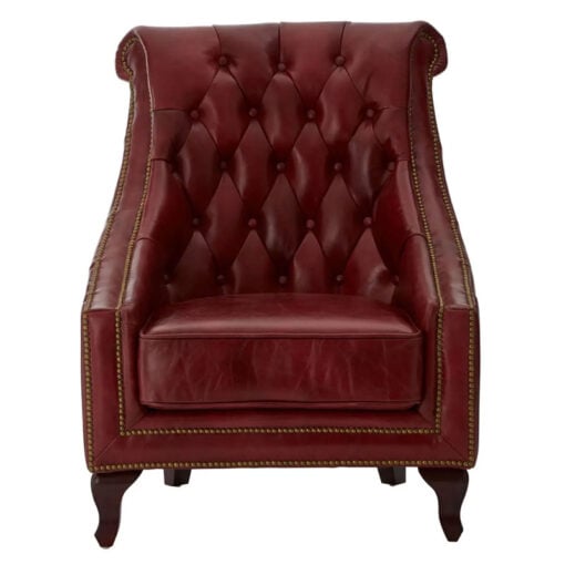 Industrial Red Genuine Leather Tufted Studded Chesterfield Heritage Armchair With Cabriole Walnut Wood Legs
