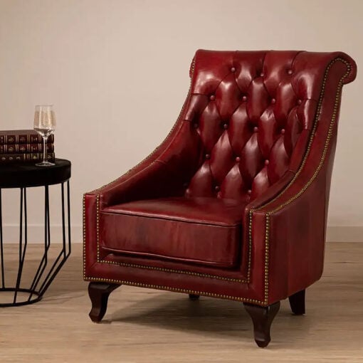 Industrial Red Genuine Leather Tufted Studded Chesterfield Heritage Armchair With Cabriole Walnut Wood Legs