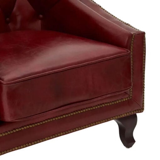 Industrial Red Genuine Leather Tufted Studded Chesterfield Heritage Armchair With Cabriole Walnut Wood Legs