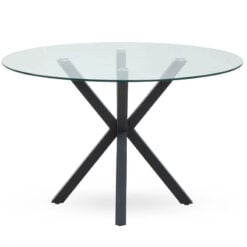 Industrial Round Dining Table With Starburst Black Metal Base And Glass Top 120cm