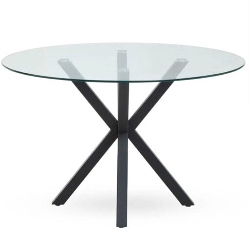 Industrial Round Dining Table With Starburst Black Metal Base And Glass Top 120cm