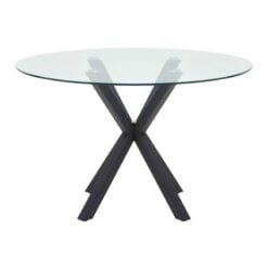 Industrial Round Dining Table With Starburst Black Metal Base And Glass Top 120cm