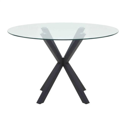 Industrial Round Dining Table With Starburst Black Metal Base And Glass Top 120cm