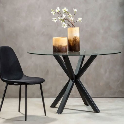 Industrial Round Dining Table With Starburst Black Metal Base And Glass Top 120cm