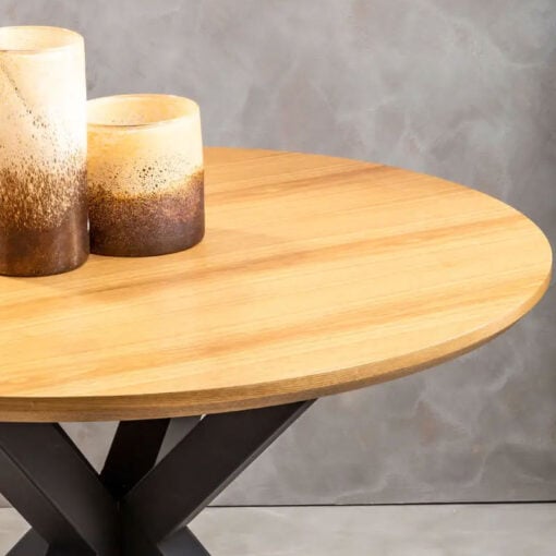 Industrial Round Dining Table With Starburst Black Metal Base And Wood Veneer Top 120cm