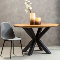Industrial Round Dining Table With Starburst Black Metal Base And Wood Veneer Top 120cm