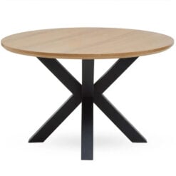 Industrial Round Dining Table With Starburst Black Metal Base And Wood Veneer Top 120cm