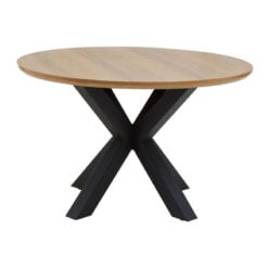 Industrial Round Dining Table With Starburst Black Metal Base And Wood Veneer Top 120cm