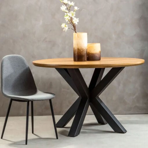Industrial Round Dining Table With Starburst Black Metal Base And Wood Veneer Top 120cm