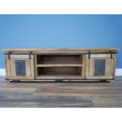 Industrial Rustic Solid Light Mango Wood And Black Metal 2 Sliding Door Large TV Stand Low Sideboard 160cm