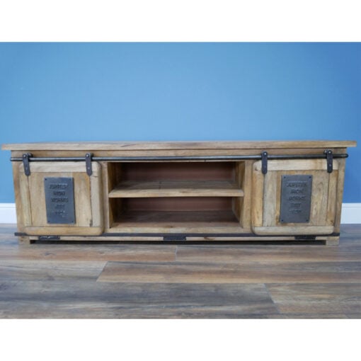 Industrial Rustic Solid Light Mango Wood And Black Metal 2 Sliding Door Large TV Stand Low Sideboard 160cm