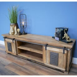 Industrial Rustic Solid Light Mango Wood And Black Metal 2 Sliding Door Large TV Stand Low Sideboard 160cm