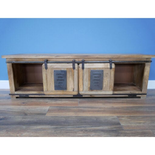 Industrial Rustic Solid Light Mango Wood And Black Metal 2 Sliding Door Large TV Stand Low Sideboard 160cm