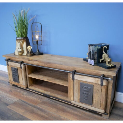 Industrial Rustic Solid Light Mango Wood And Black Metal 2 Sliding Door Large TV Stand Low Sideboard 160cm