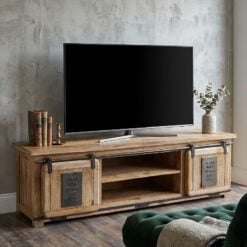 Industrial Rustic Solid Light Mango Wood And Black Metal 2 Sliding Door Large TV Stand Low Sideboard 160cm