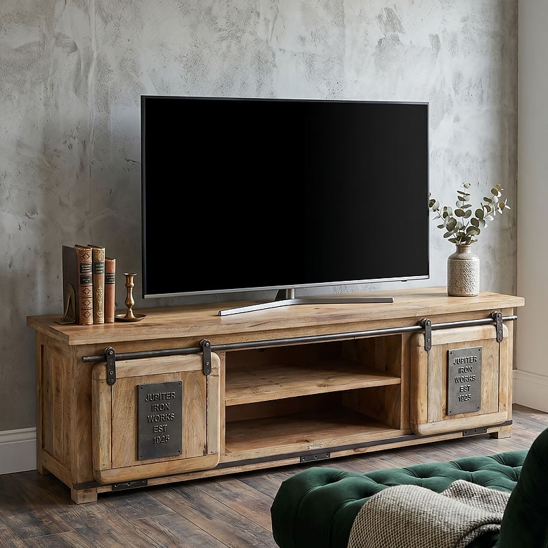 Industrial Rustic Solid Light Mango Wood And Black Metal 2 Sliding Door Large TV Stand Low Sideboard 160cm Industrial Rustic Solid Light Mango Wood And Black Metal 2 Sliding Door Large TV Stand Low Sideboard 160cm