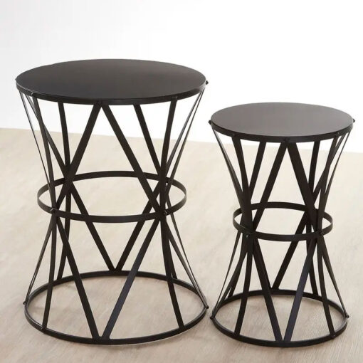 Industrial Set Of 2 Black Metal Concave Lattice Nesting Side Tables