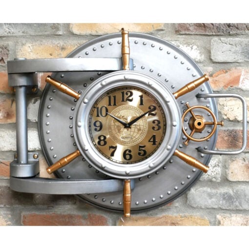 Industrial Silver And Gold Metal Bank Vault Large Wall Clock 60cm