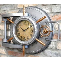 Industrial Silver And Gold Metal Bank Vault Large Wall Clock 60cm